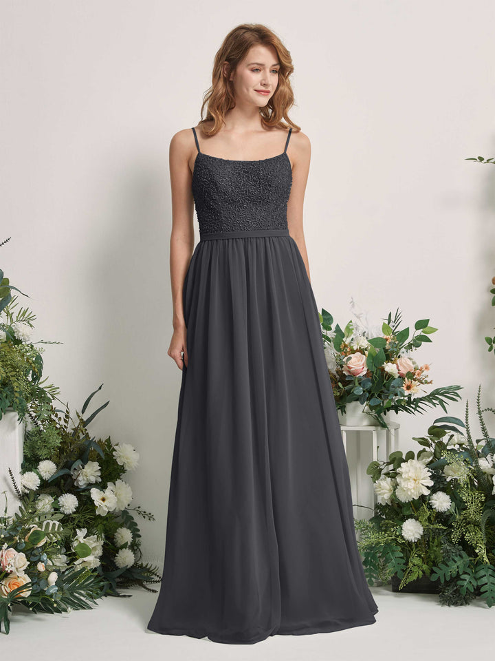 Carlyna Vestido Línea A Escote redondo Largo Gasa Vestidos de dama de honor Peltre 