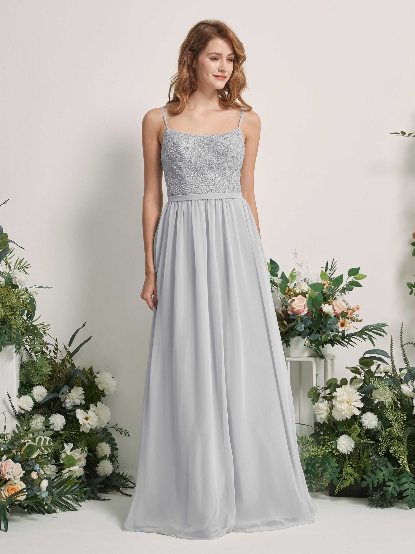 Carlyna Vestido Línea A Escote redondo Largo Gasa Vestidos de dama de honor Plata #color_plata