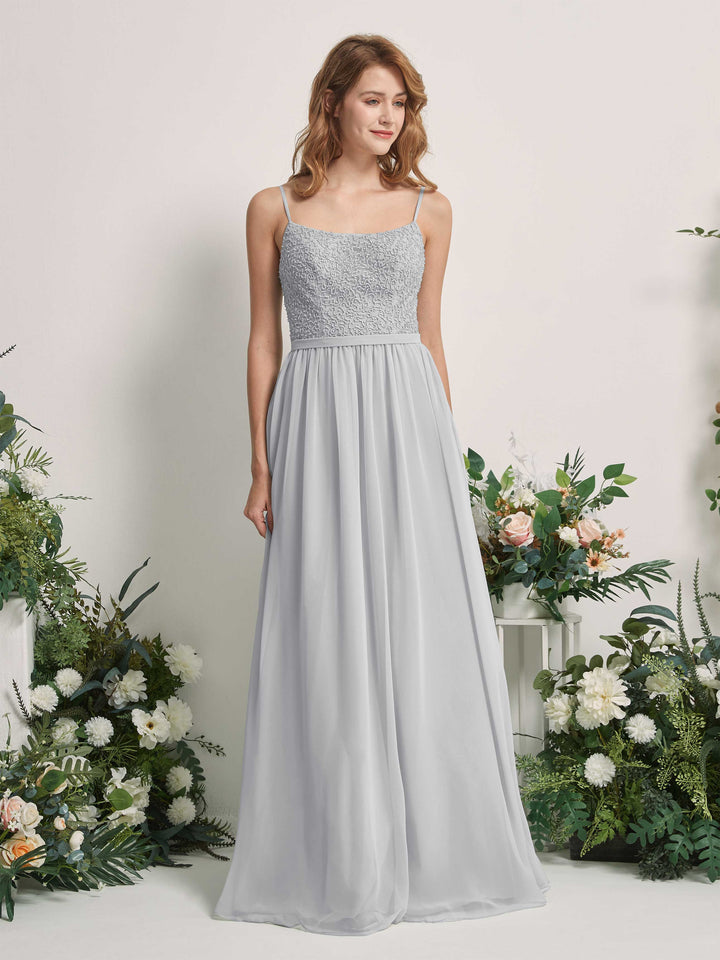 Carlyna Vestido Línea A Escote redondo Largo Gasa Vestidos de dama de honor Plata 