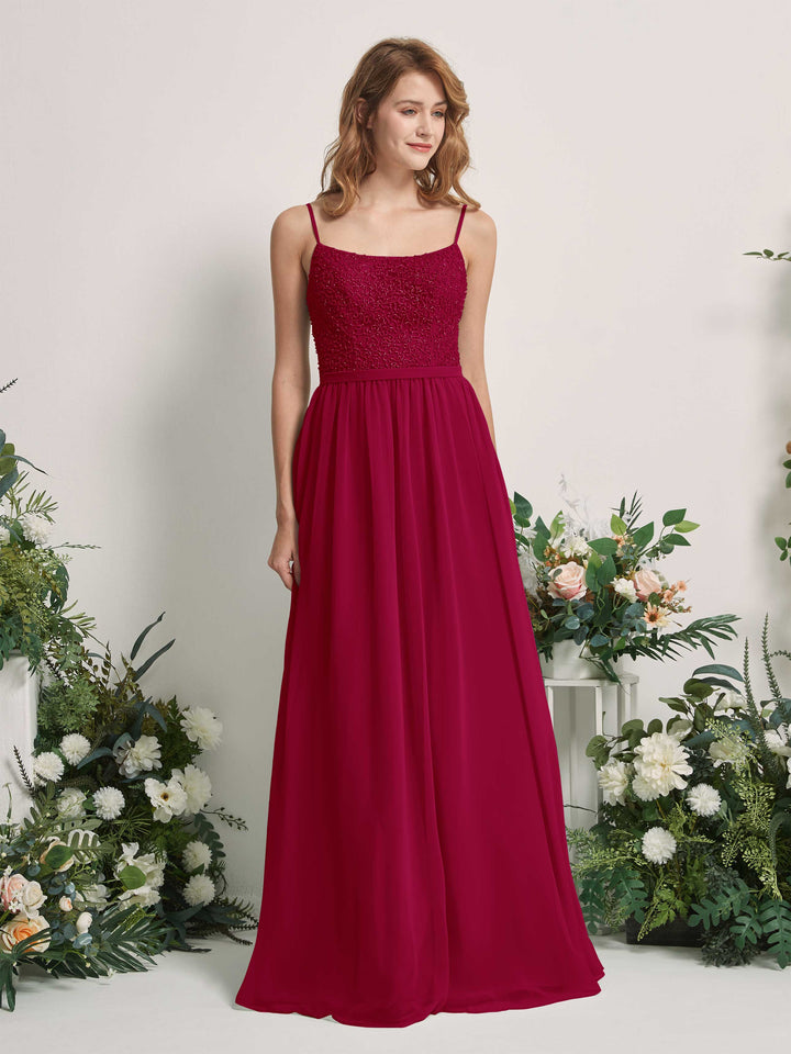 Carlyna Vestido Línea A Escote redondo Largo Gasa Vestidos de dama de honor Rojo Bufón 