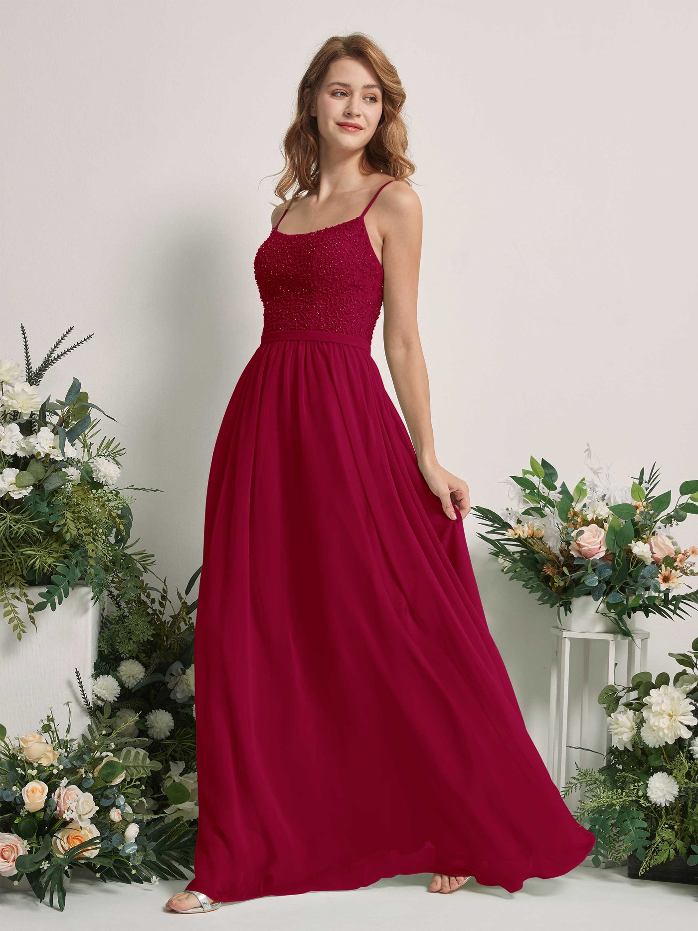 Carlyna Vestido Línea A Escote redondo Largo Gasa Vestidos de dama de honor Rojo Bufón #color_rojo-buf-n