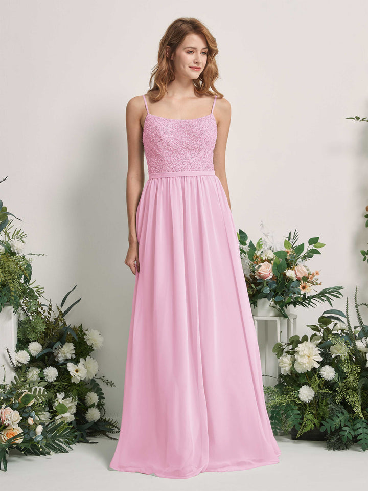 Carlyna Vestido Línea A Escote redondo Largo Gasa Vestidos de dama de honor Rosa Caramelo 
