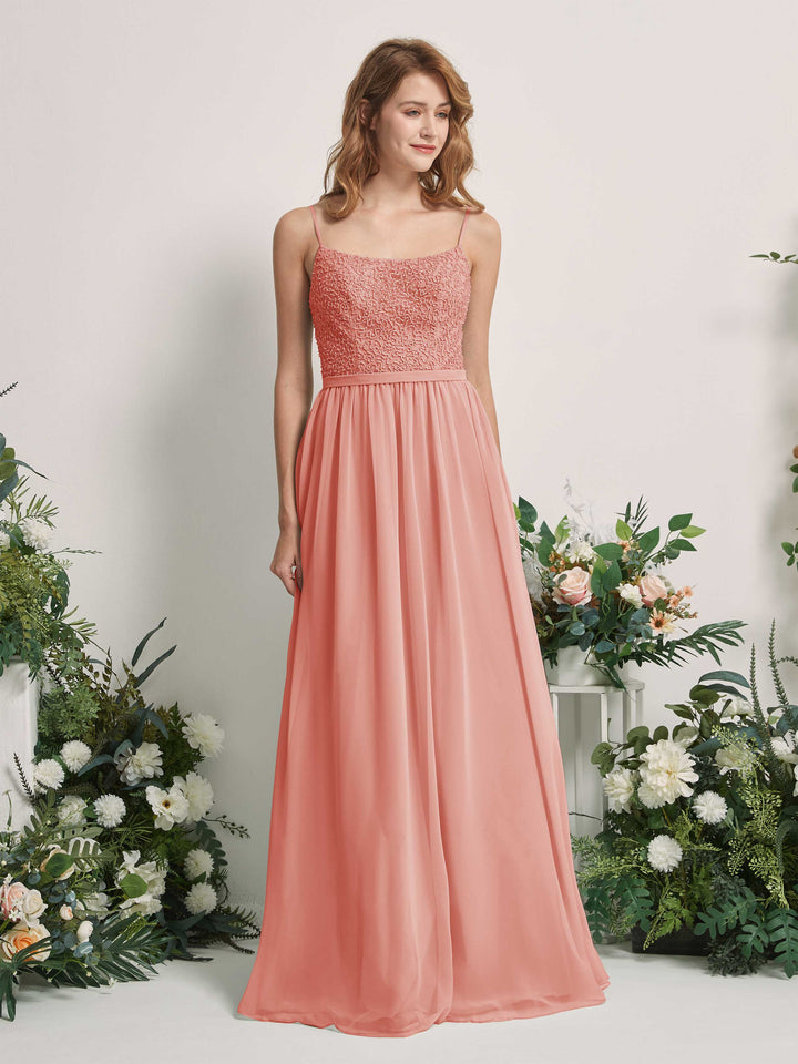 Carlyna Vestido Línea A Escote redondo Largo Gasa Vestidos de dama de honor Rosa Champán 