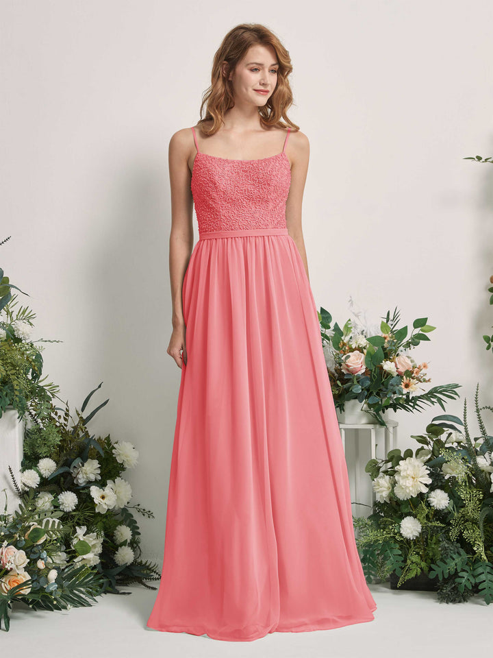 Carlyna Vestido Línea A Escote redondo Largo Gasa Vestidos de dama de honor Rosa Coral 