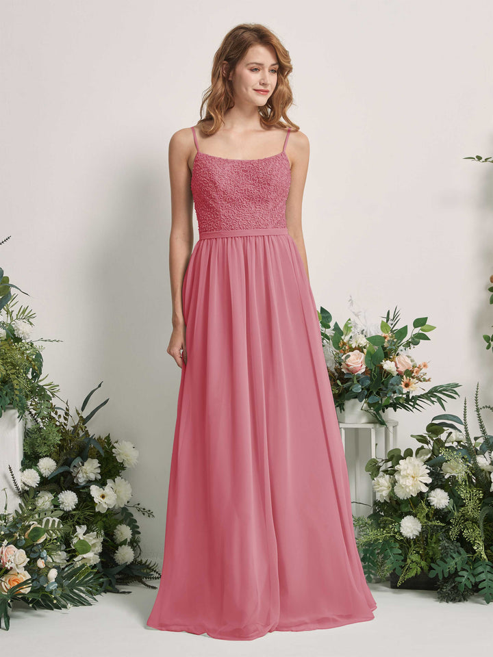 Carlyna Vestido Línea A Escote redondo Largo Gasa Vestidos de dama de honor Rosa Del Desierto 