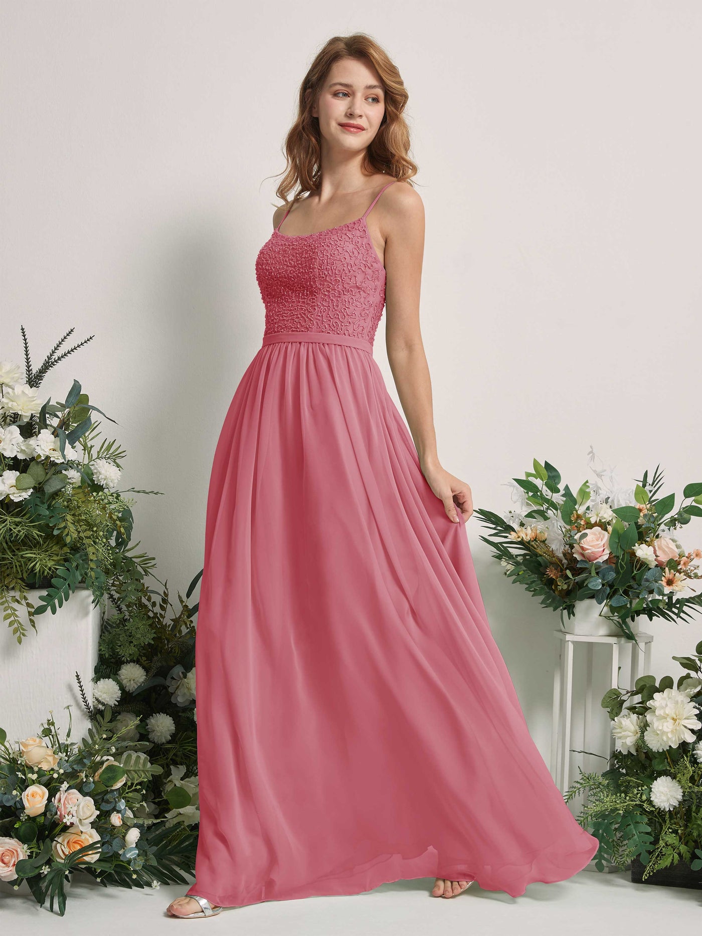 Carlyna Vestido Línea A Escote redondo Largo Gasa Vestidos de dama de honor Rosa Del Desierto #color_rosa-del-desierto