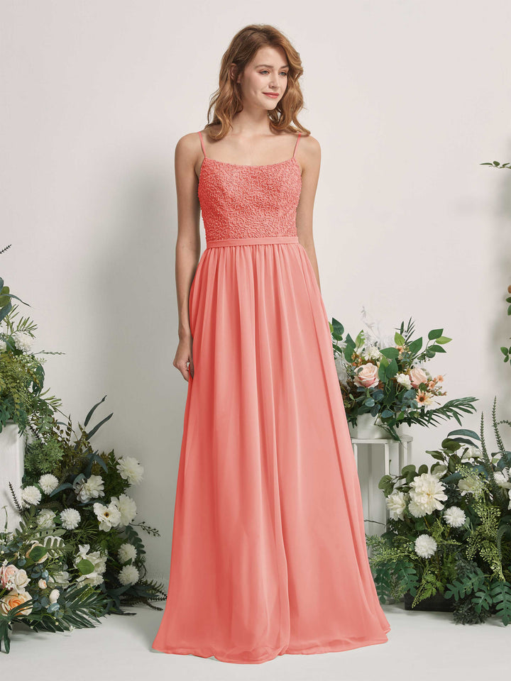 Carlyna Vestido Línea A Escote redondo Largo Gasa Vestidos de dama de honor Rosa Melocotón 