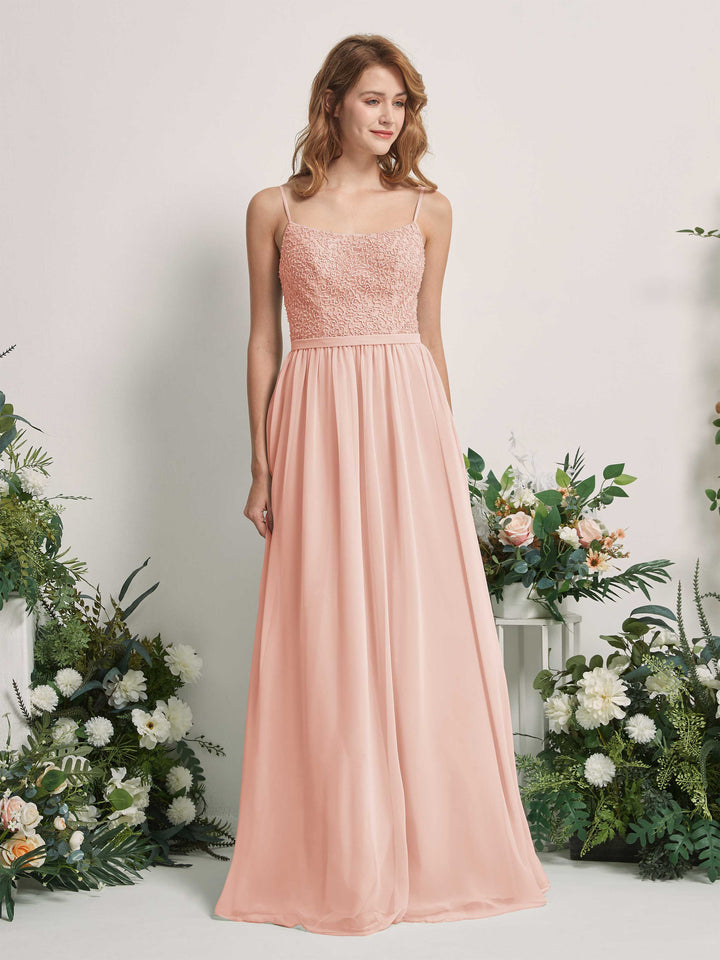 Carlyna Vestido Línea A Escote redondo Largo Gasa Vestidos de dama de honor Rosa Perla 