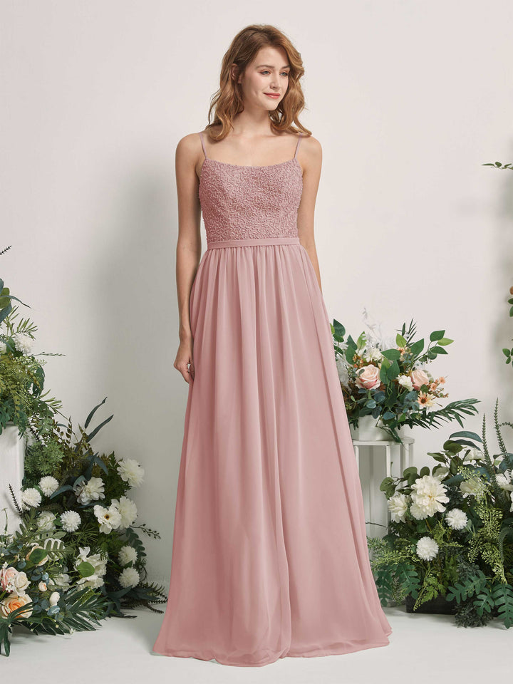 Carlyna Vestido Línea A Escote redondo Largo Gasa Vestidos de dama de honor Rosa Polvorienta 