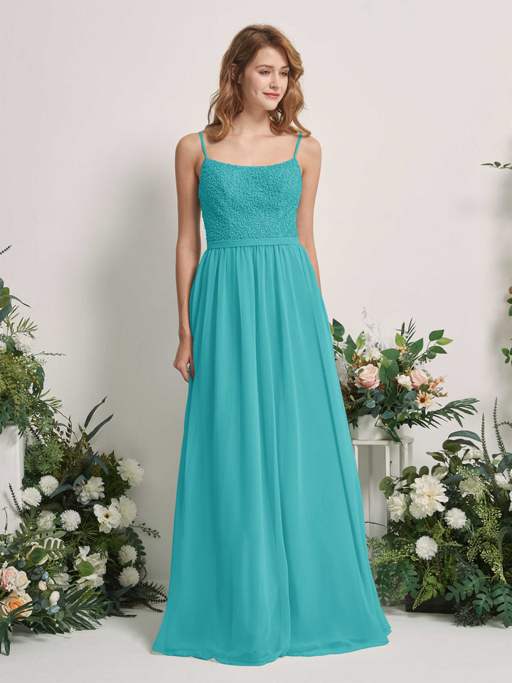 Carlyna Vestido Línea A Escote redondo Largo Gasa Vestidos de dama de honor Turquesa 