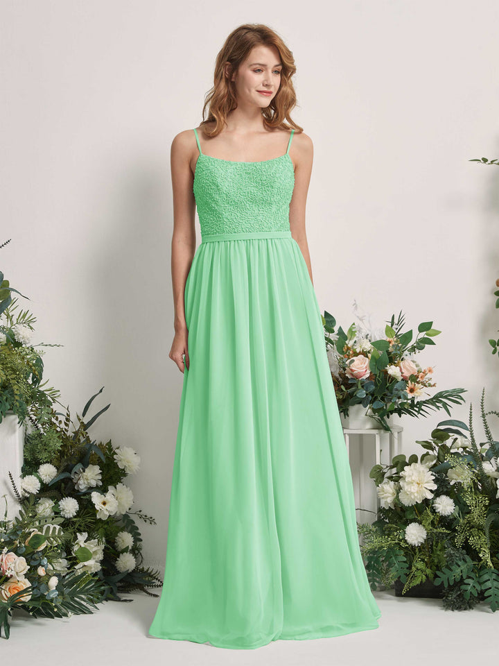 Carlyna Vestido Línea A Escote redondo Largo Gasa Vestidos de dama de honor Verde Menta 