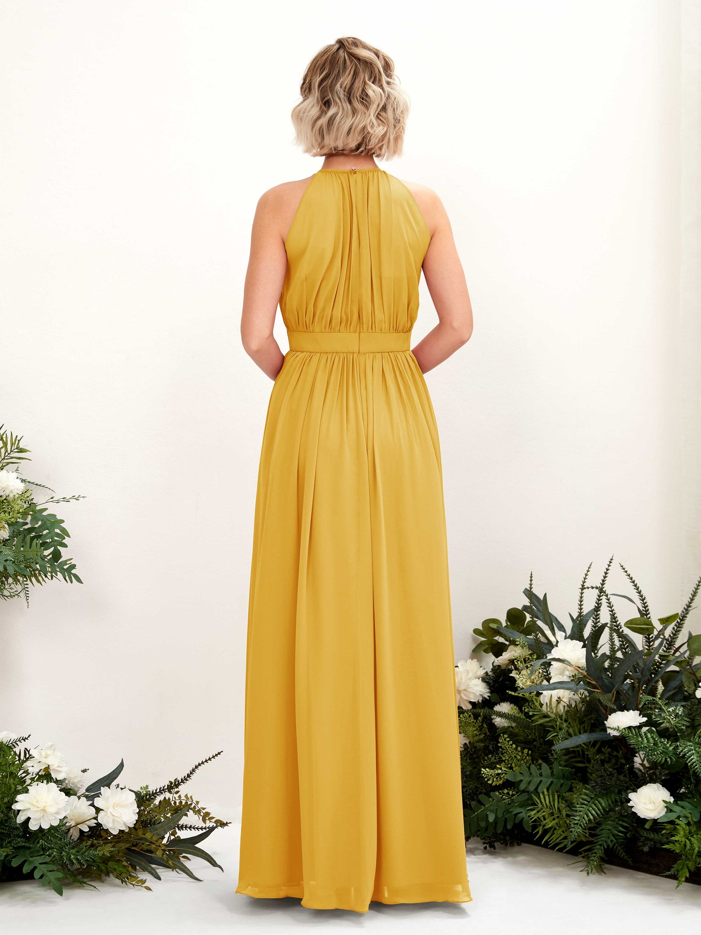 Carlyna Vestido Línea A Hasta el suelo Cuello redondo Gasa Vestidos de dama de honor Amarillo Mostaza #color_amarillo-mostaza