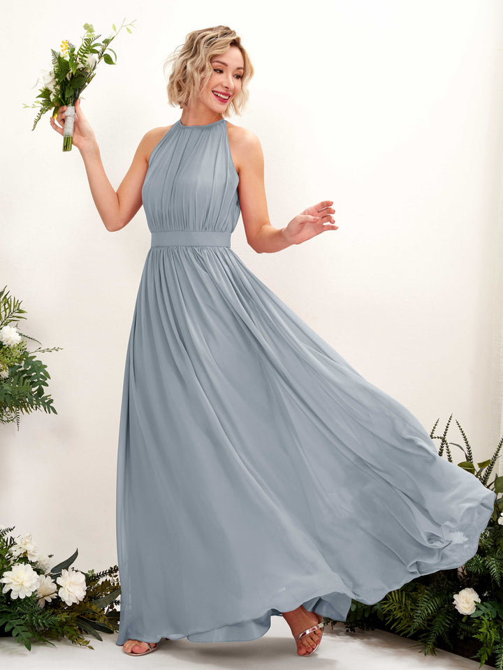 Carlyna Vestido Línea A Hasta el suelo Cuello redondo Gasa Vestidos de dama de honor Azul Empolvado Mejorado 