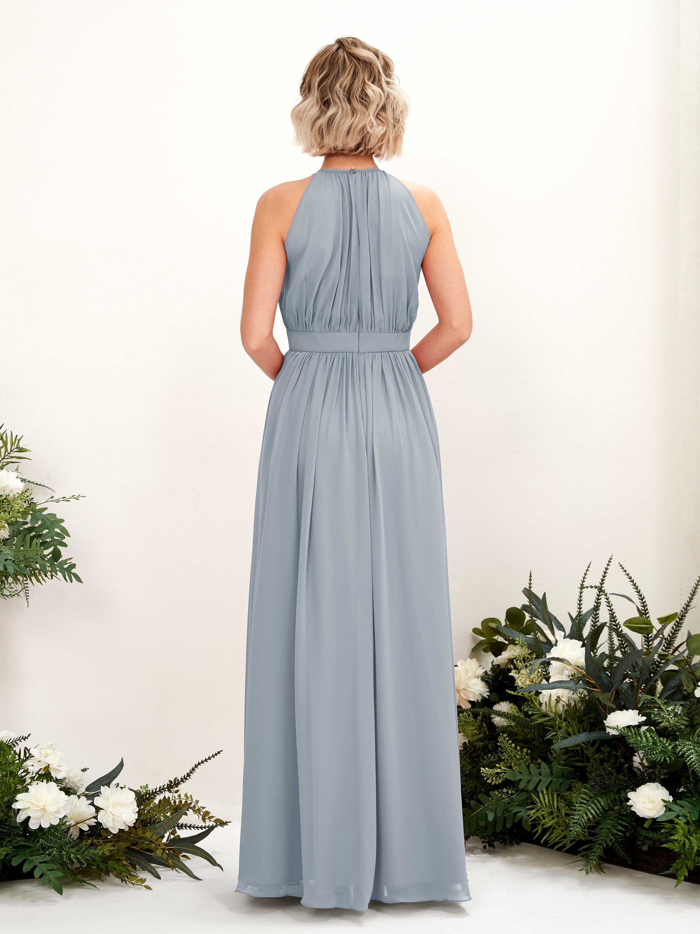 Carlyna Vestido Línea A Hasta el suelo Cuello redondo Gasa Vestidos de dama de honor Azul Empolvado Mejorado #color_azul-empolvado-mejorado