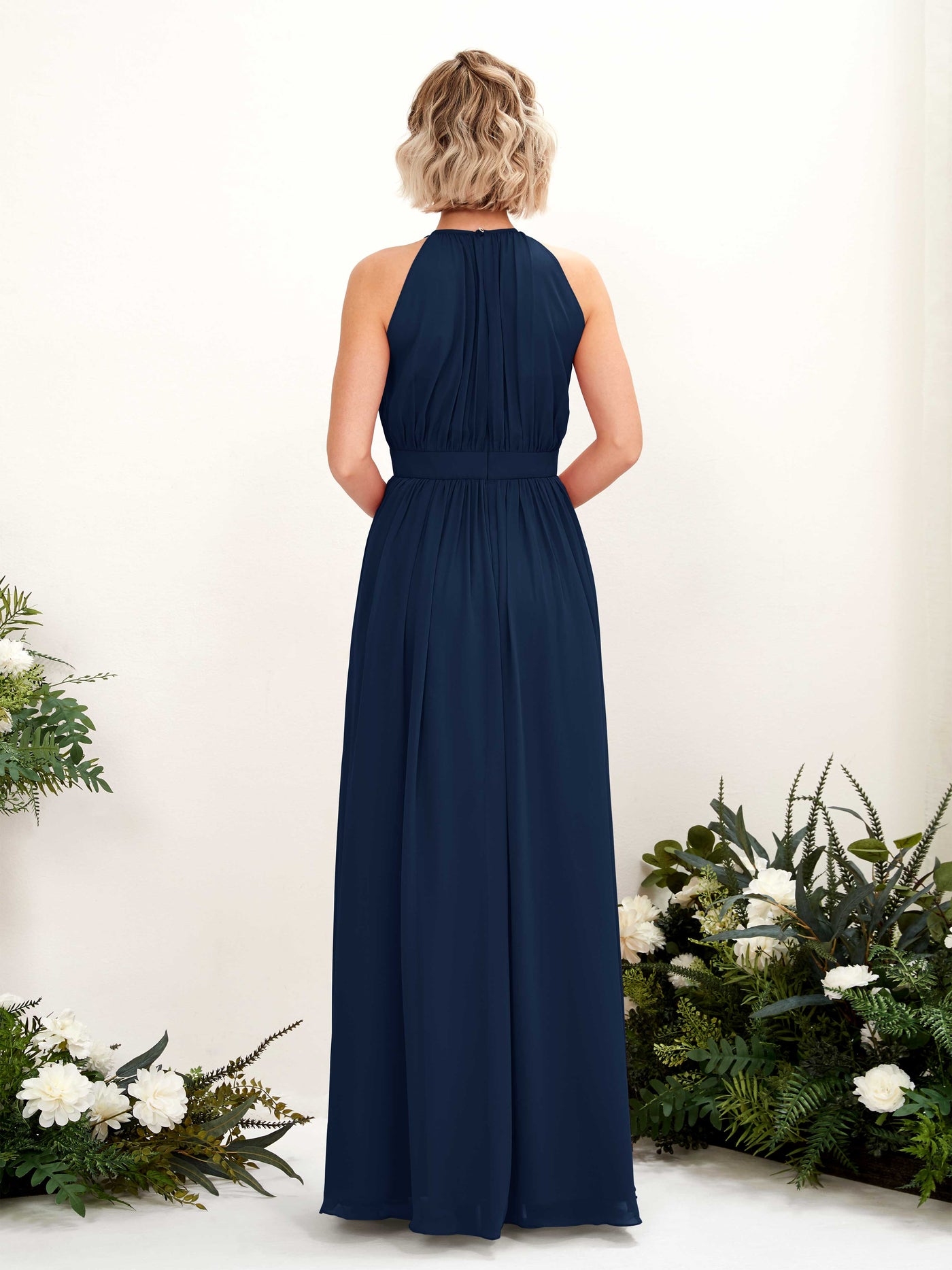 Carlyna Vestido Línea A Hasta el suelo Cuello redondo Gasa Vestidos de dama de honor Azul Marino #color_azul-marino