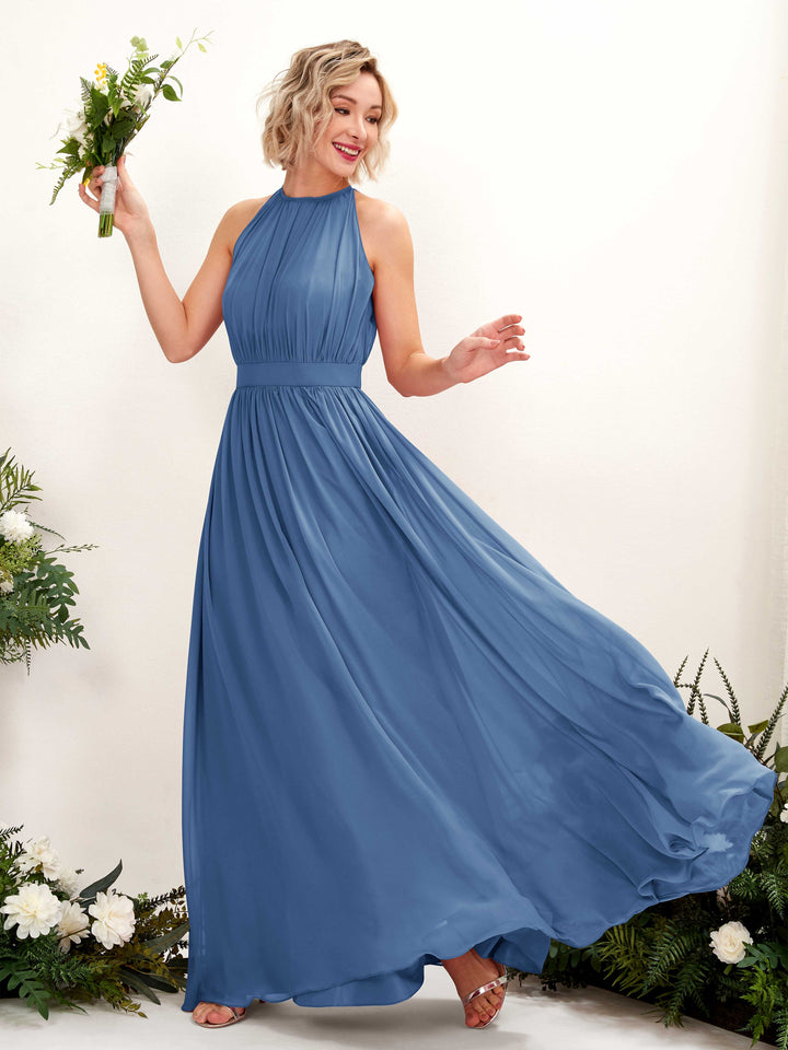 Carlyna Vestido Línea A Hasta el suelo Cuello redondo Gasa Vestidos de dama de honor Azul polvoriento 