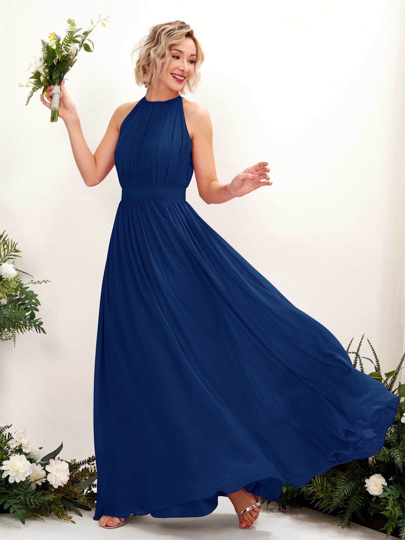 Carlyna Vestido Línea A Hasta el suelo Cuello redondo Gasa Vestidos de dama de honor Azul Real #color_azul-real