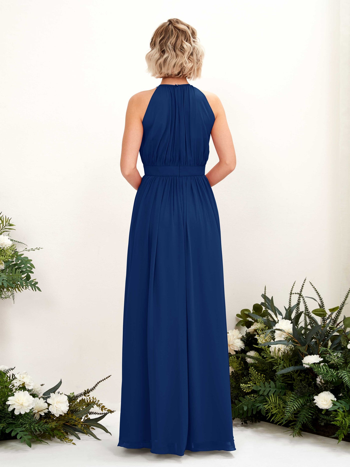 Carlyna Vestido Línea A Hasta el suelo Cuello redondo Gasa Vestidos de dama de honor Azul Real #color_azul-real