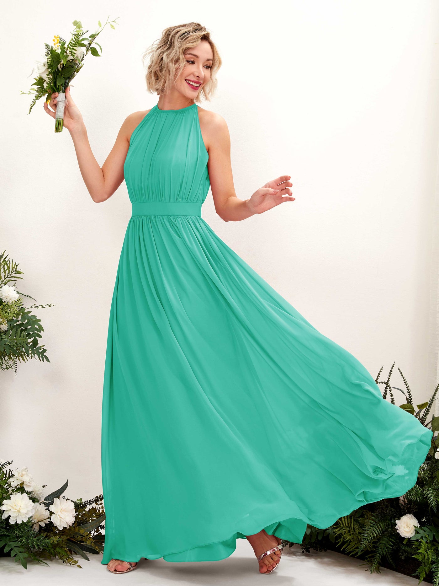 Carlyna Vestido Línea A Hasta el suelo Cuello redondo Gasa Vestidos de dama de honor Azul Tiffany #color_azul-tiffany