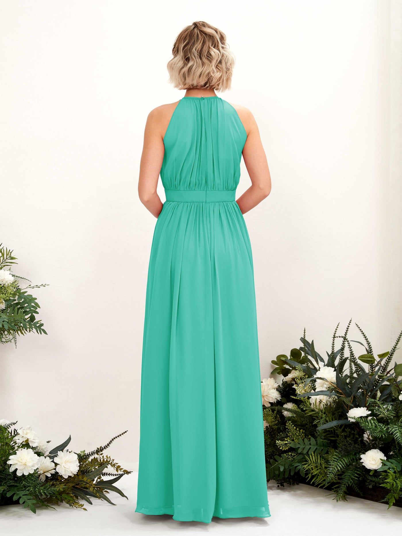 Carlyna Vestido Línea A Hasta el suelo Cuello redondo Gasa Vestidos de dama de honor Azul Tiffany #color_azul-tiffany
