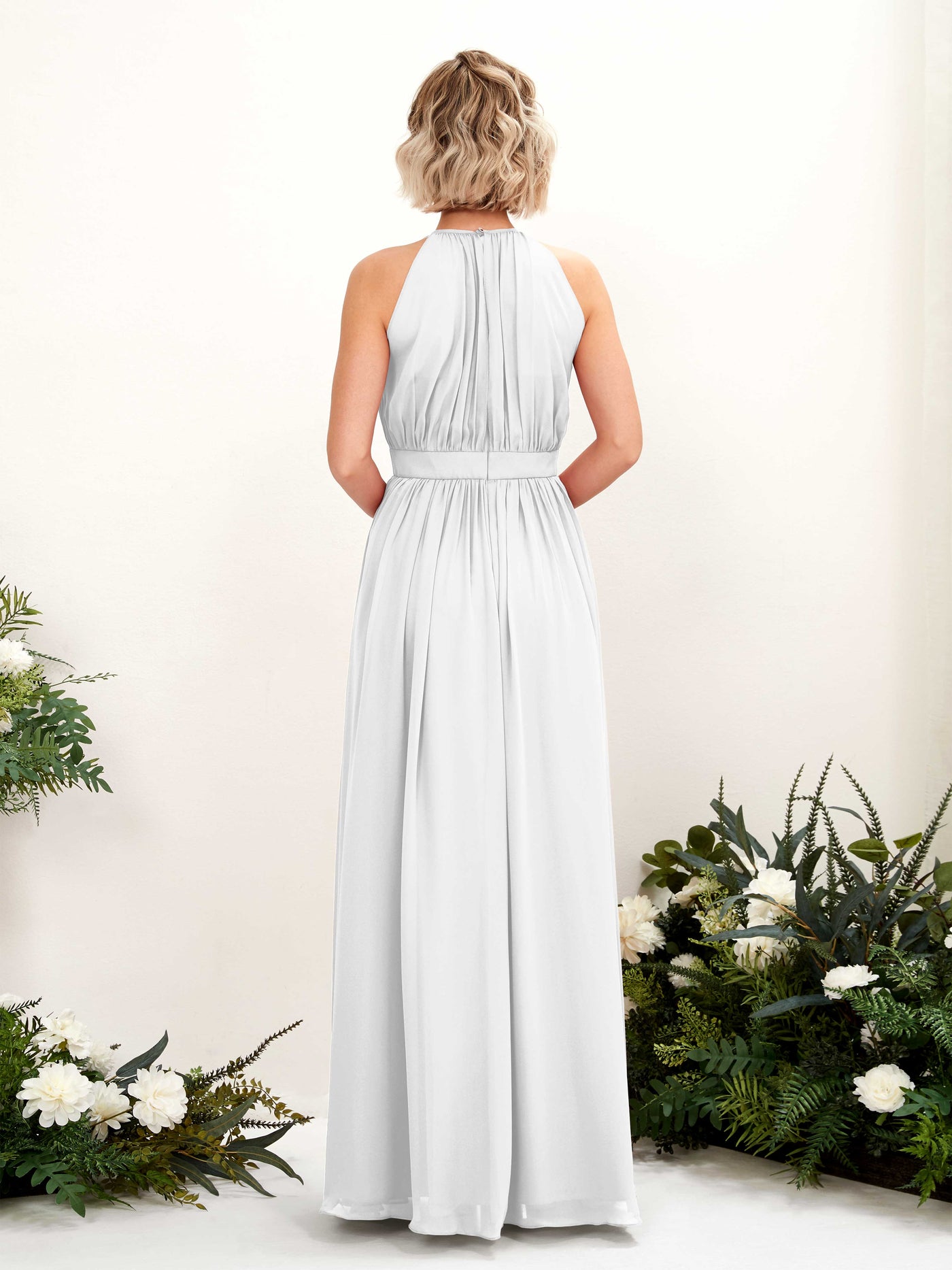 Carlyna Vestido Línea A Hasta el suelo Cuello redondo Gasa Vestidos de dama de honor Blanco #color_blanco