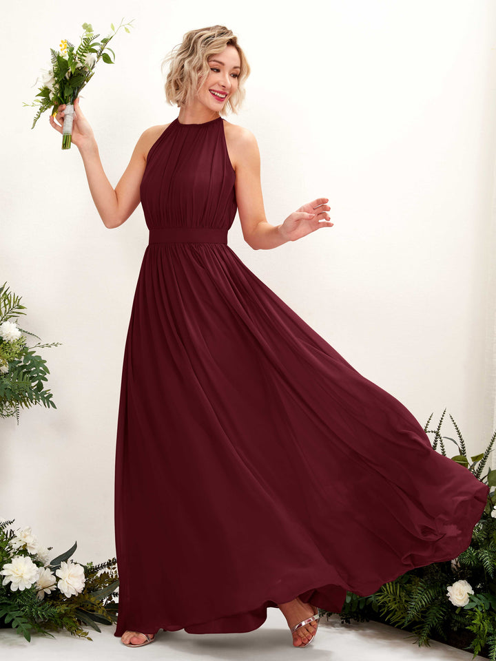 Carlyna Vestido Línea A Hasta el suelo Cuello redondo Gasa Vestidos de dama de honor Borgoña 