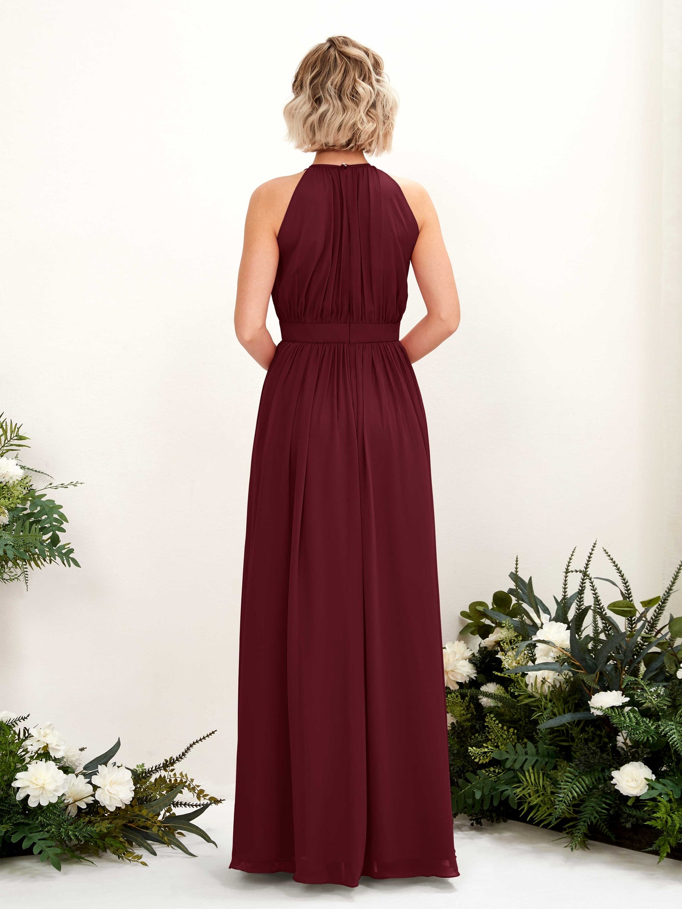 Carlyna Vestido Línea A Hasta el suelo Cuello redondo Gasa Vestidos de dama de honor Borgoña #color_borgo-a