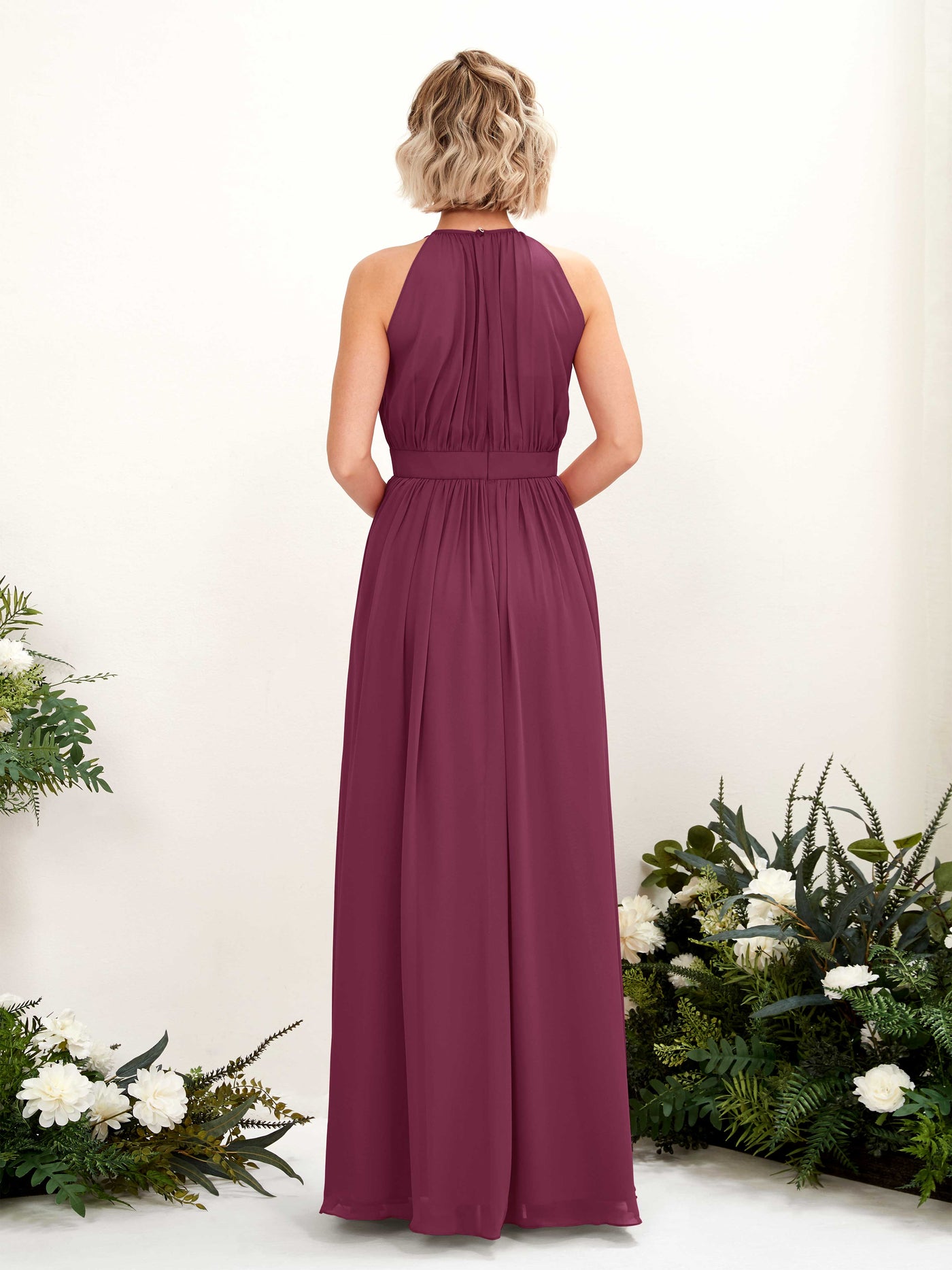 Carlyna Vestido Línea A Hasta el suelo Cuello redondo Gasa Vestidos de dama de honor Chianti #color_chianti