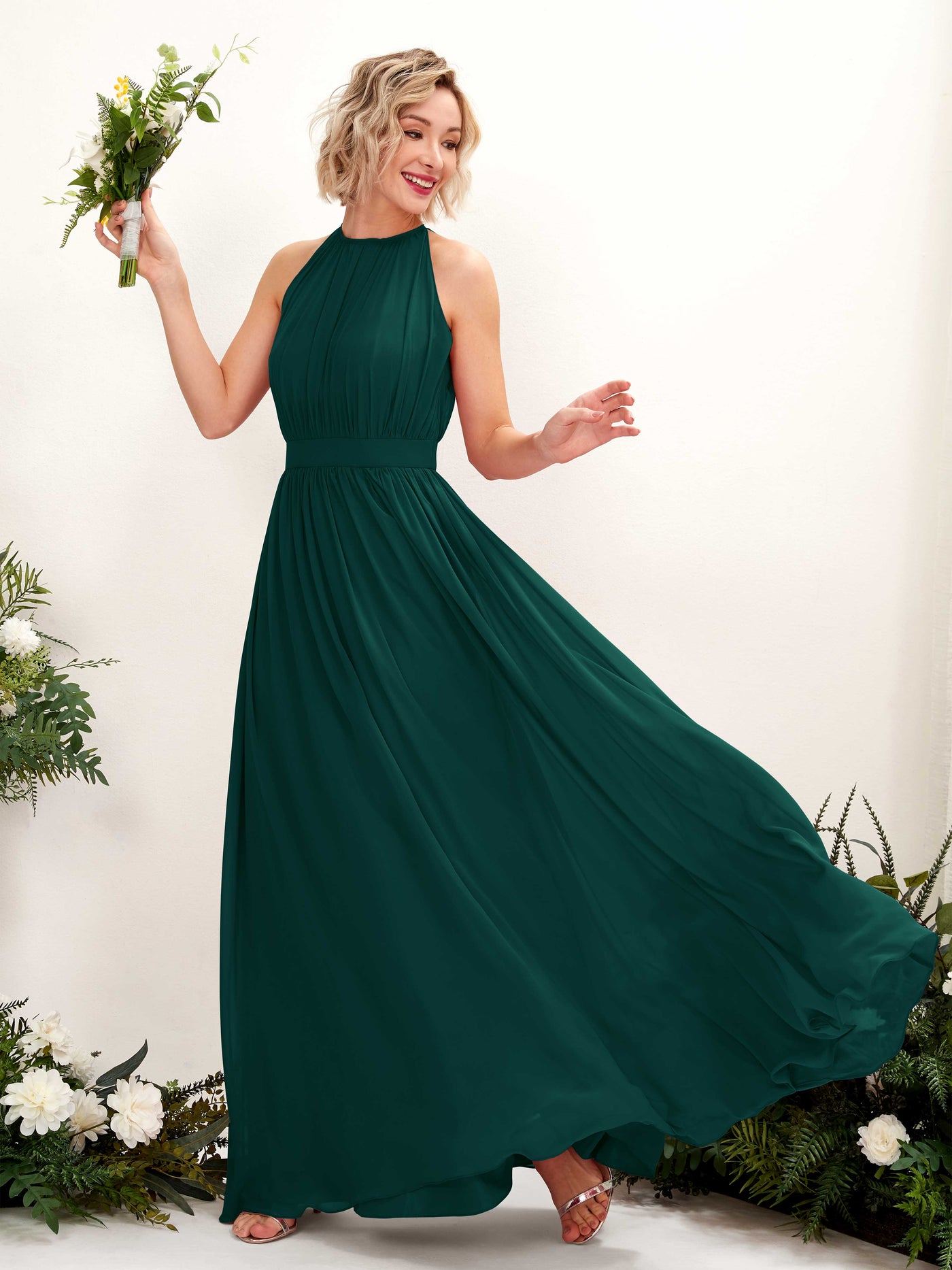 Carlyna Vestido Línea A Hasta el suelo Cuello redondo Gasa Vestidos de dama de honor Esmeralda Oscuro #color_esmeralda-oscuro