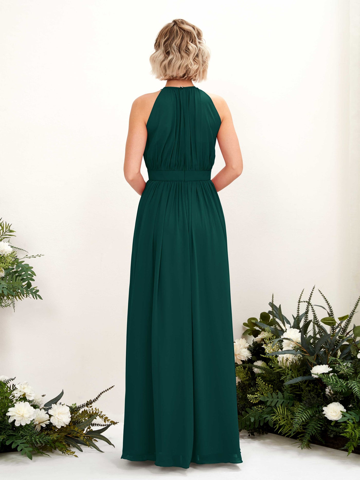 Carlyna Vestido Línea A Hasta el suelo Cuello redondo Gasa Vestidos de dama de honor Esmeralda Oscuro #color_esmeralda-oscuro