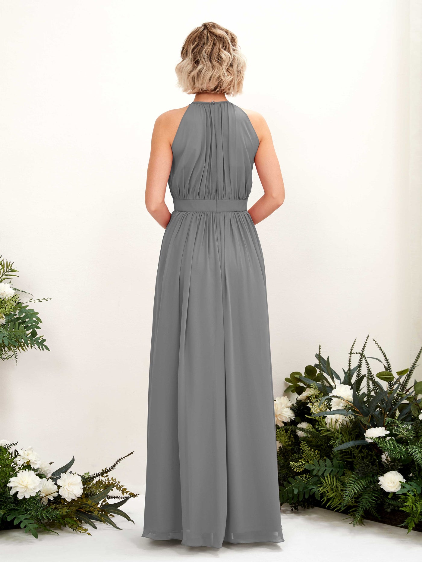 Carlyna Vestido Línea A Hasta el suelo Cuello redondo Gasa Vestidos de dama de honor Gris Acero #color_gris-acero