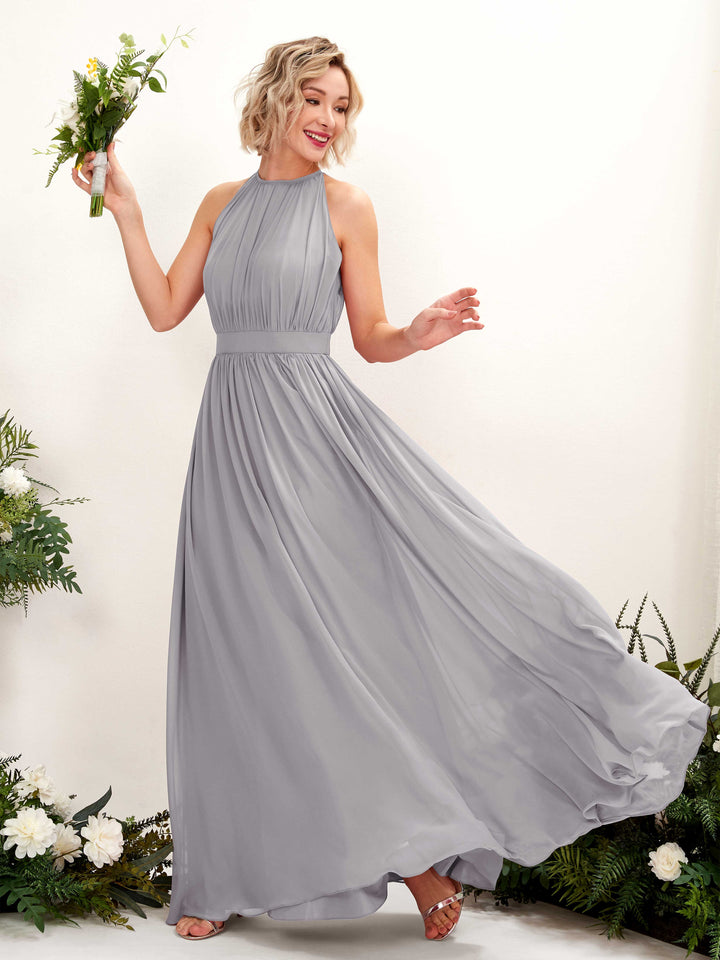 Carlyna Vestido Línea A Hasta el suelo Cuello redondo Gasa Vestidos de dama de honor Gris Paloma 