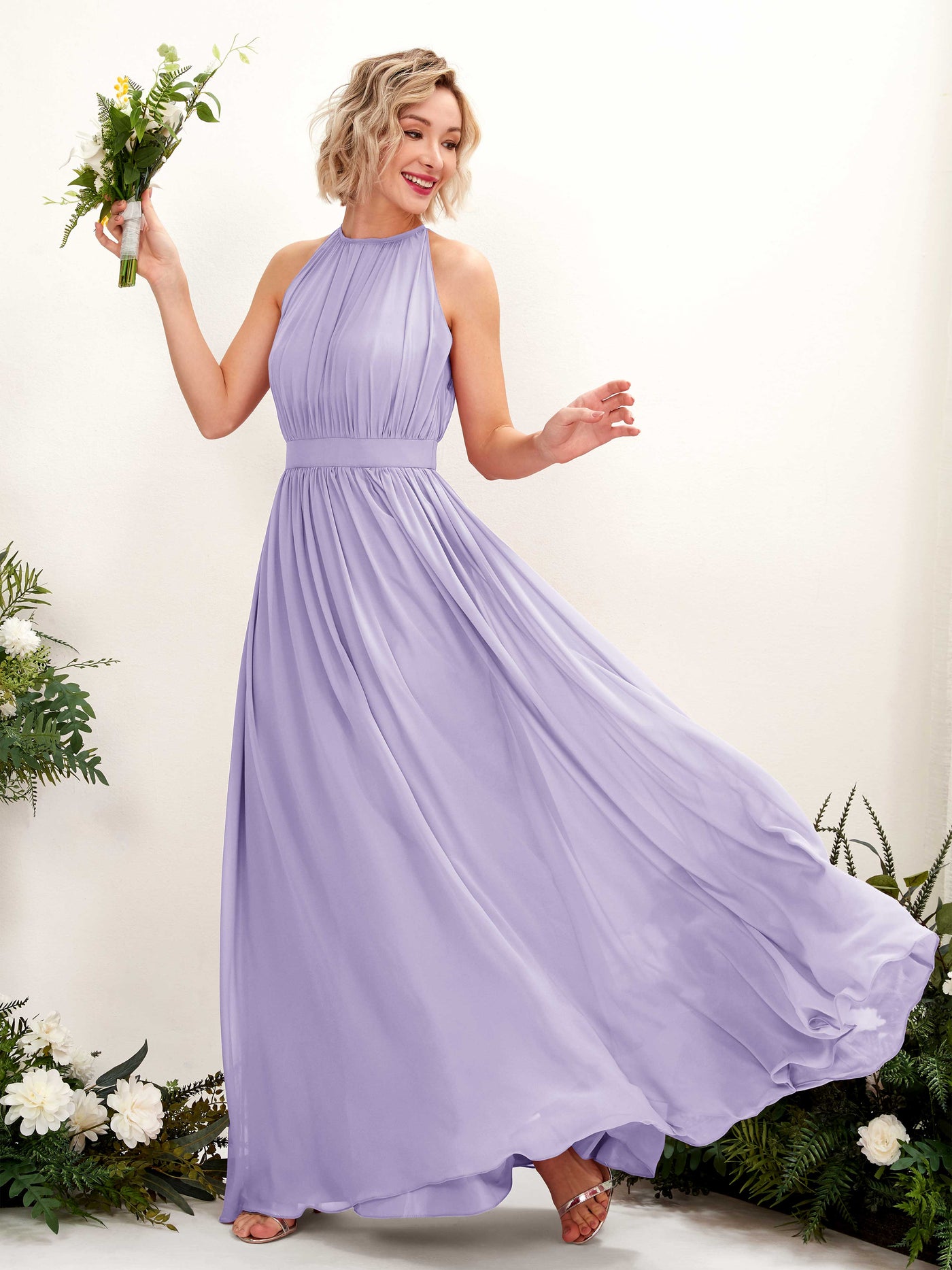Carlyna Vestido Línea A Hasta el suelo Cuello redondo Gasa Vestidos de dama de honor Lila #color_lila