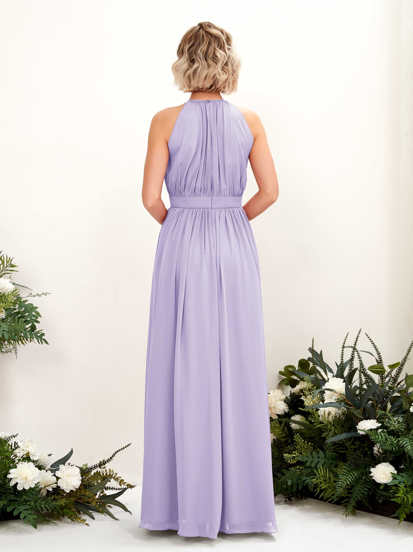 Carlyna Vestido Línea A Hasta el suelo Cuello redondo Gasa Vestidos de dama de honor Lila #color_lila