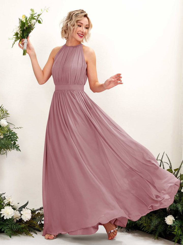 Carlyna Vestido Línea A Hasta el suelo Cuello redondo Gasa Vestidos de dama de honor Malva Clásico 
