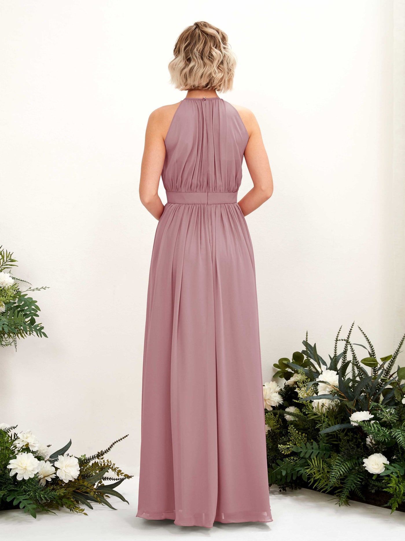 Carlyna Vestido Línea A Hasta el suelo Cuello redondo Gasa Vestidos de dama de honor Malva Clásico #color_malva-cl-sico