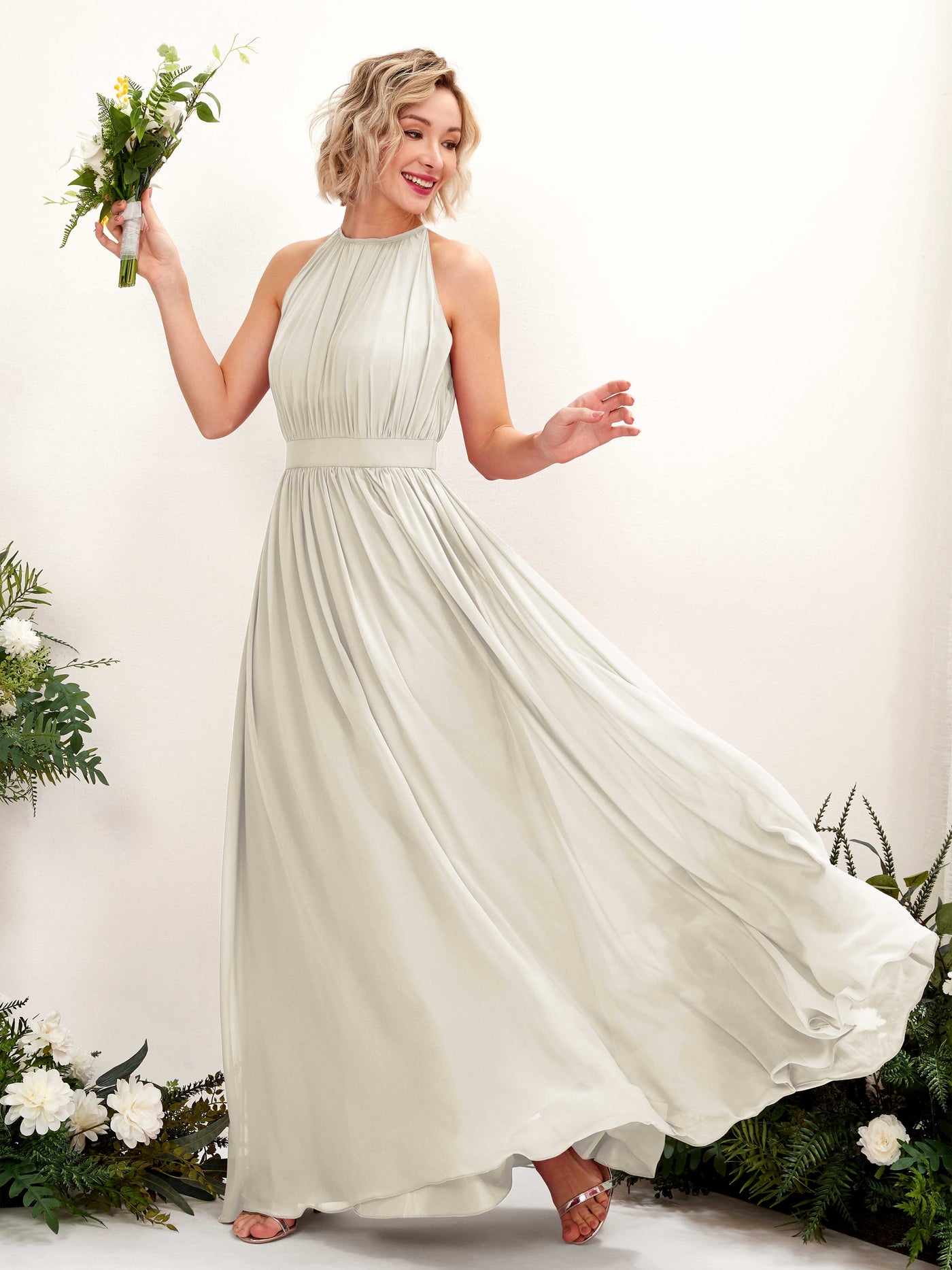 Carlyna Vestido Línea A Hasta el suelo Cuello redondo Gasa Vestidos de dama de honor Marfil #color_marfil