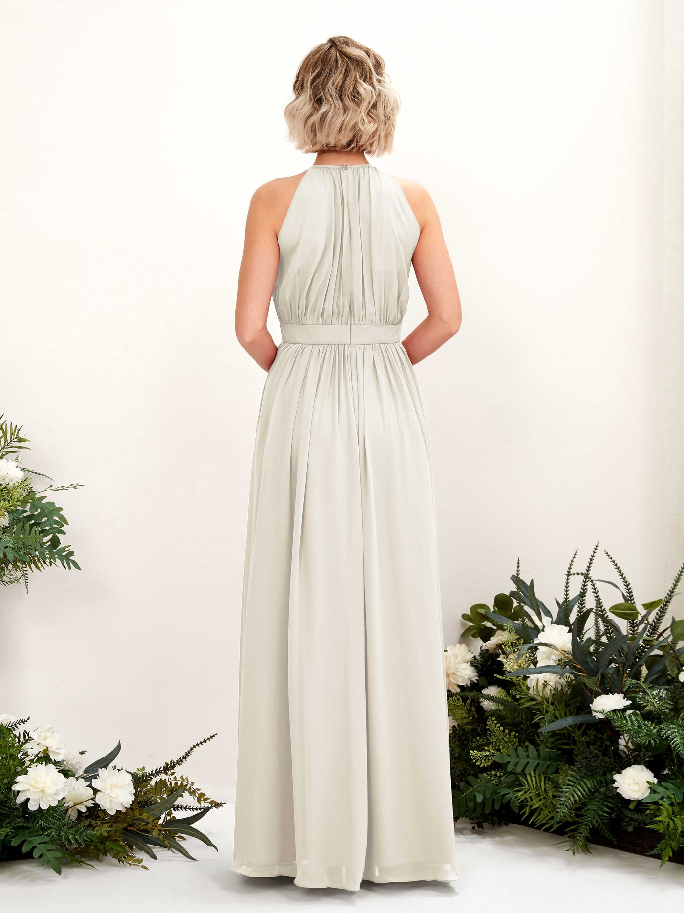 Carlyna Vestido Línea A Hasta el suelo Cuello redondo Gasa Vestidos de dama de honor Marfil #color_marfil
