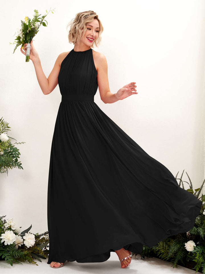 Carlyna Vestido Línea A Hasta el suelo Cuello redondo Gasa Vestidos de dama de honor Negro 