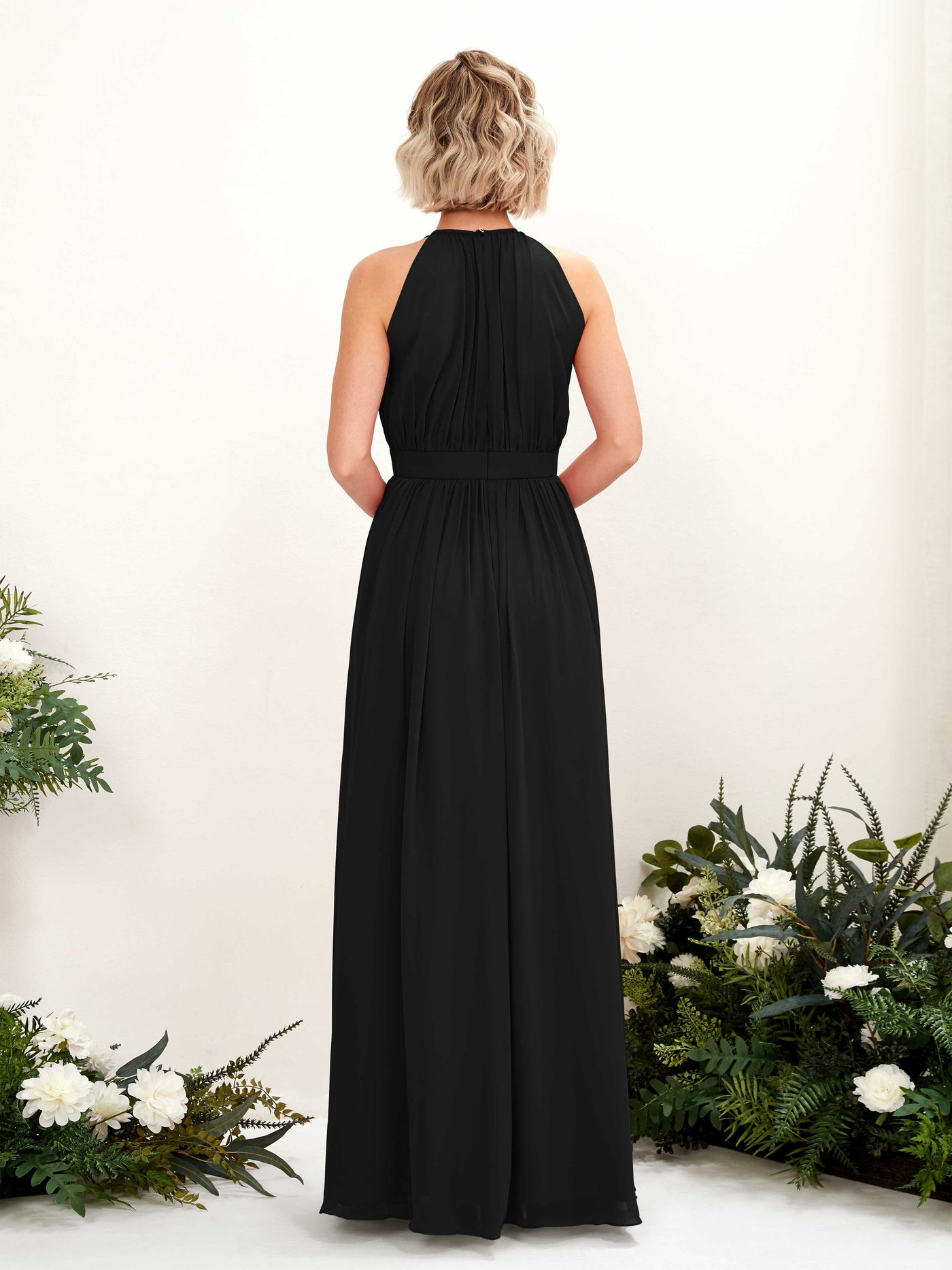 Carlyna Vestido Línea A Hasta el suelo Cuello redondo Gasa Vestidos de dama de honor Negro #color_negro