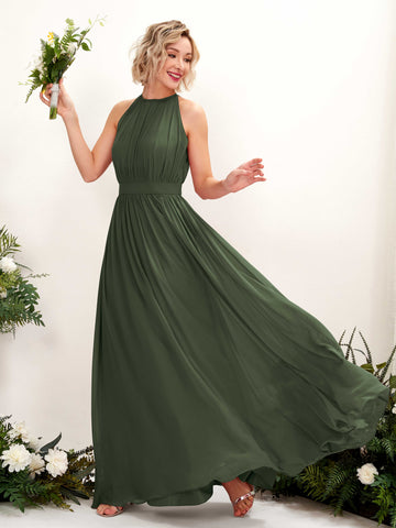 Carlyna Vestido Línea A Hasta el suelo Cuello redondo Gasa Vestidos de dama de honor Oliva Martini #color_oliva-martini