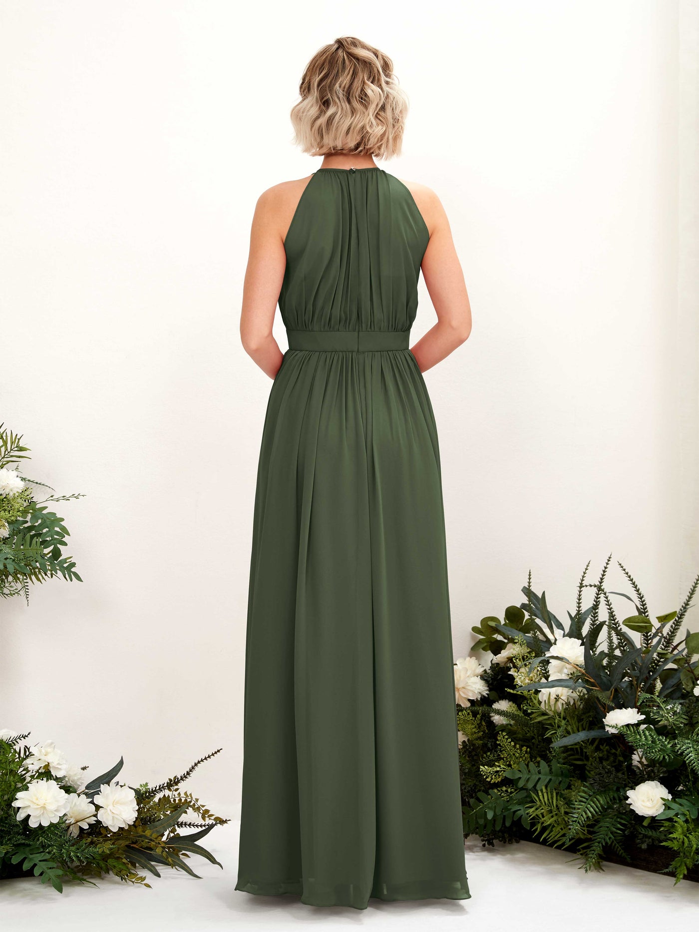 Carlyna Vestido Línea A Hasta el suelo Cuello redondo Gasa Vestidos de dama de honor Oliva Martini #color_oliva-martini