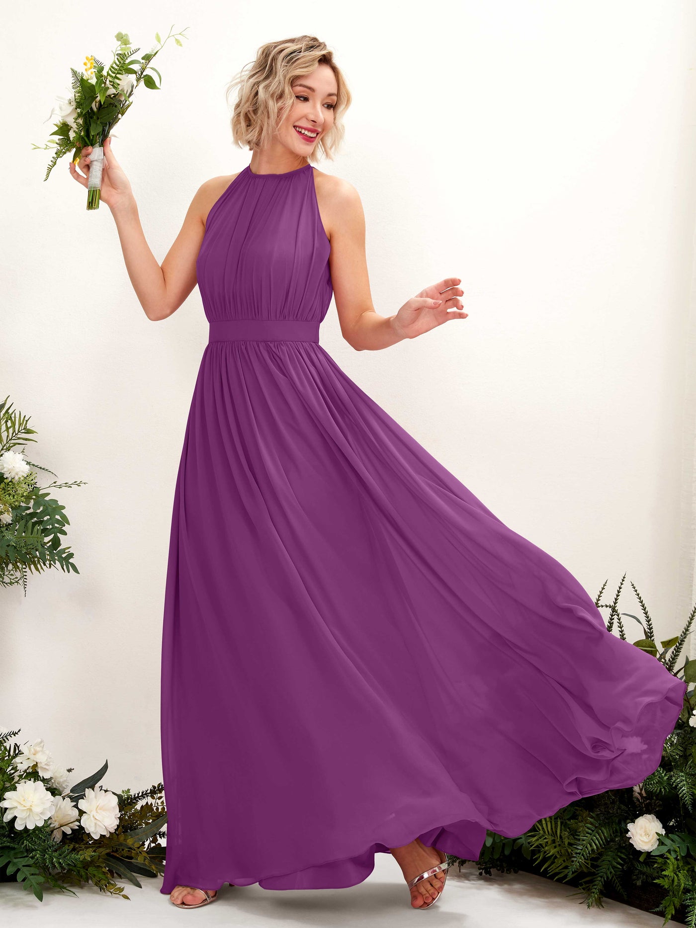 Carlyna Vestido Línea A Hasta el suelo Cuello redondo Gasa Vestidos de dama de honor Púrpura #color_p-rpura