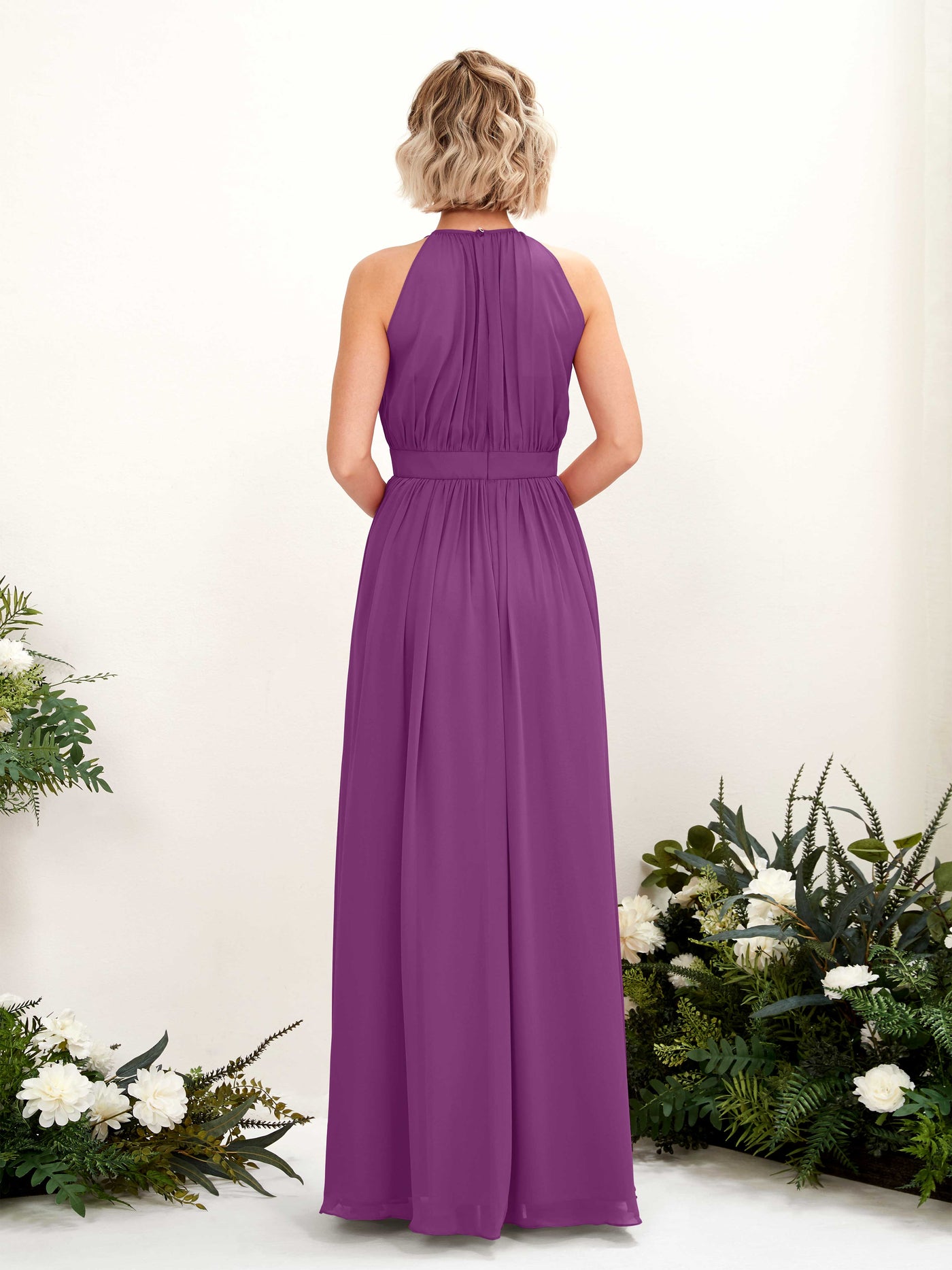 Carlyna Vestido Línea A Hasta el suelo Cuello redondo Gasa Vestidos de dama de honor Púrpura #color_p-rpura