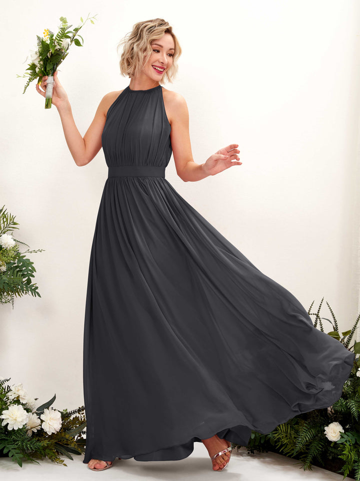 Carlyna Vestido Línea A Hasta el suelo Cuello redondo Gasa Vestidos de dama de honor Peltre 