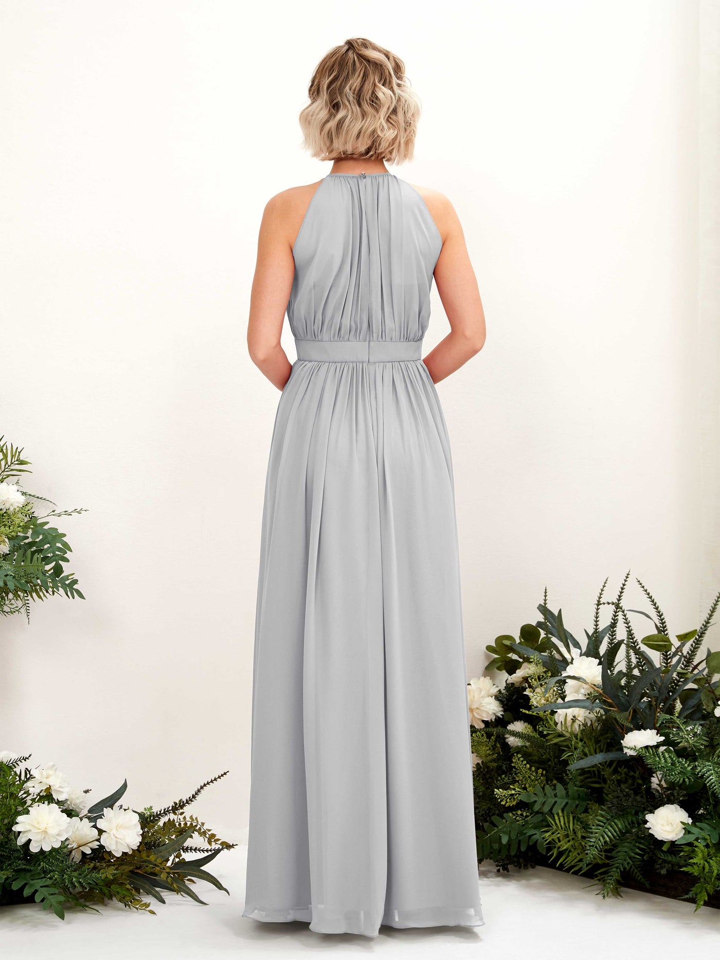 Carlyna Vestido Línea A Hasta el suelo Cuello redondo Gasa Vestidos de dama de honor Plata #color_plata