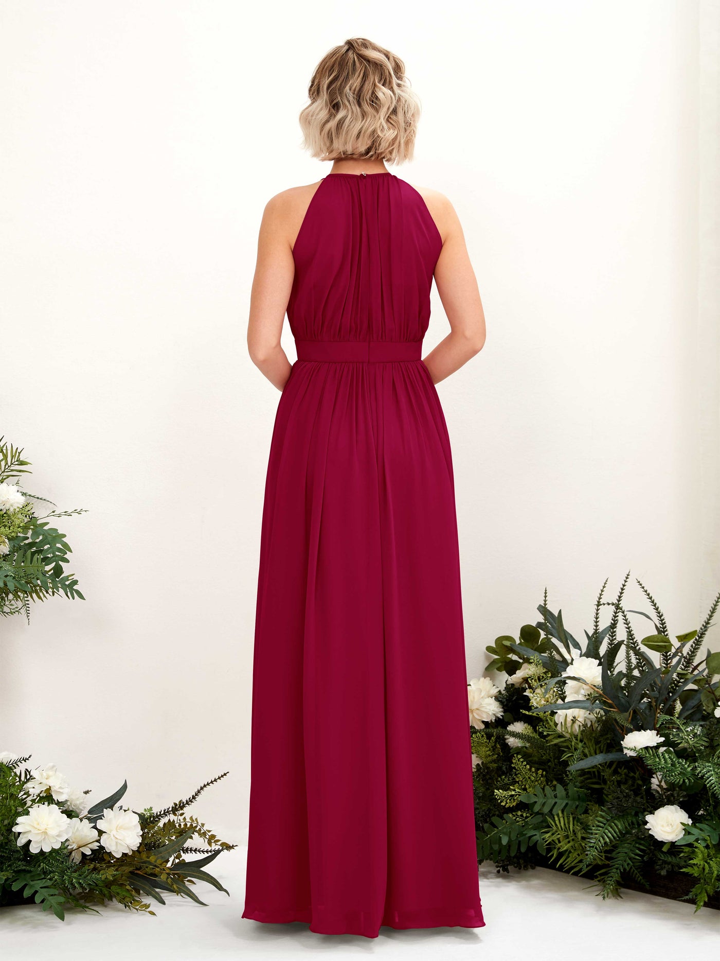 Carlyna Vestido Línea A Hasta el suelo Cuello redondo Gasa Vestidos de dama de honor Rojo Bufón #color_rojo-buf-n