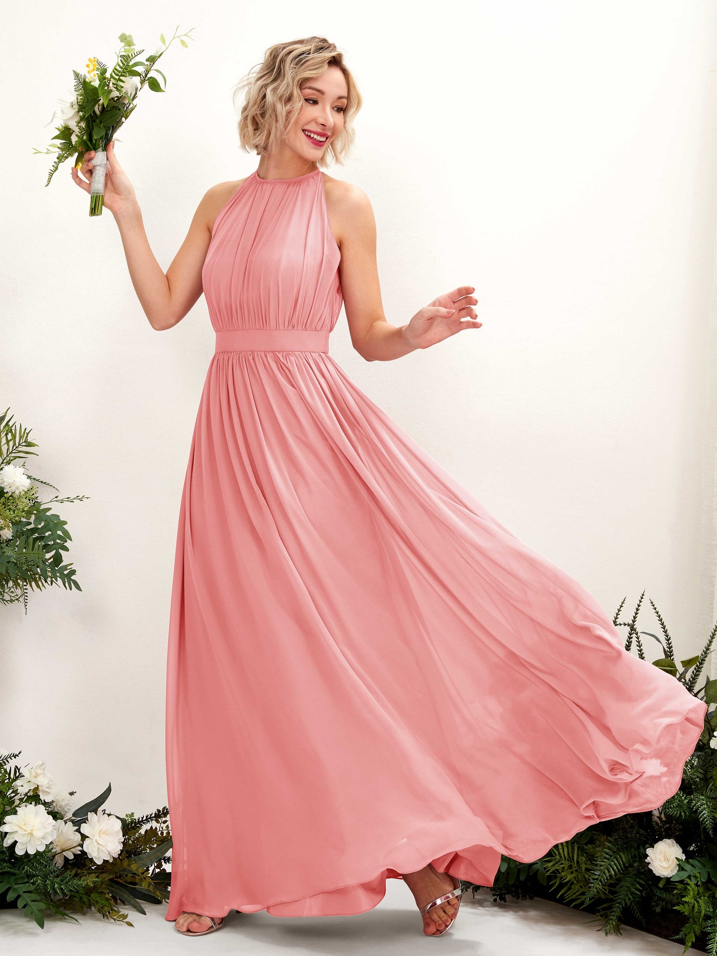 Carlyna Vestido Línea A Hasta el suelo Cuello redondo Gasa Vestidos de dama de honor Rosa Ballet #color_rosa-ballet