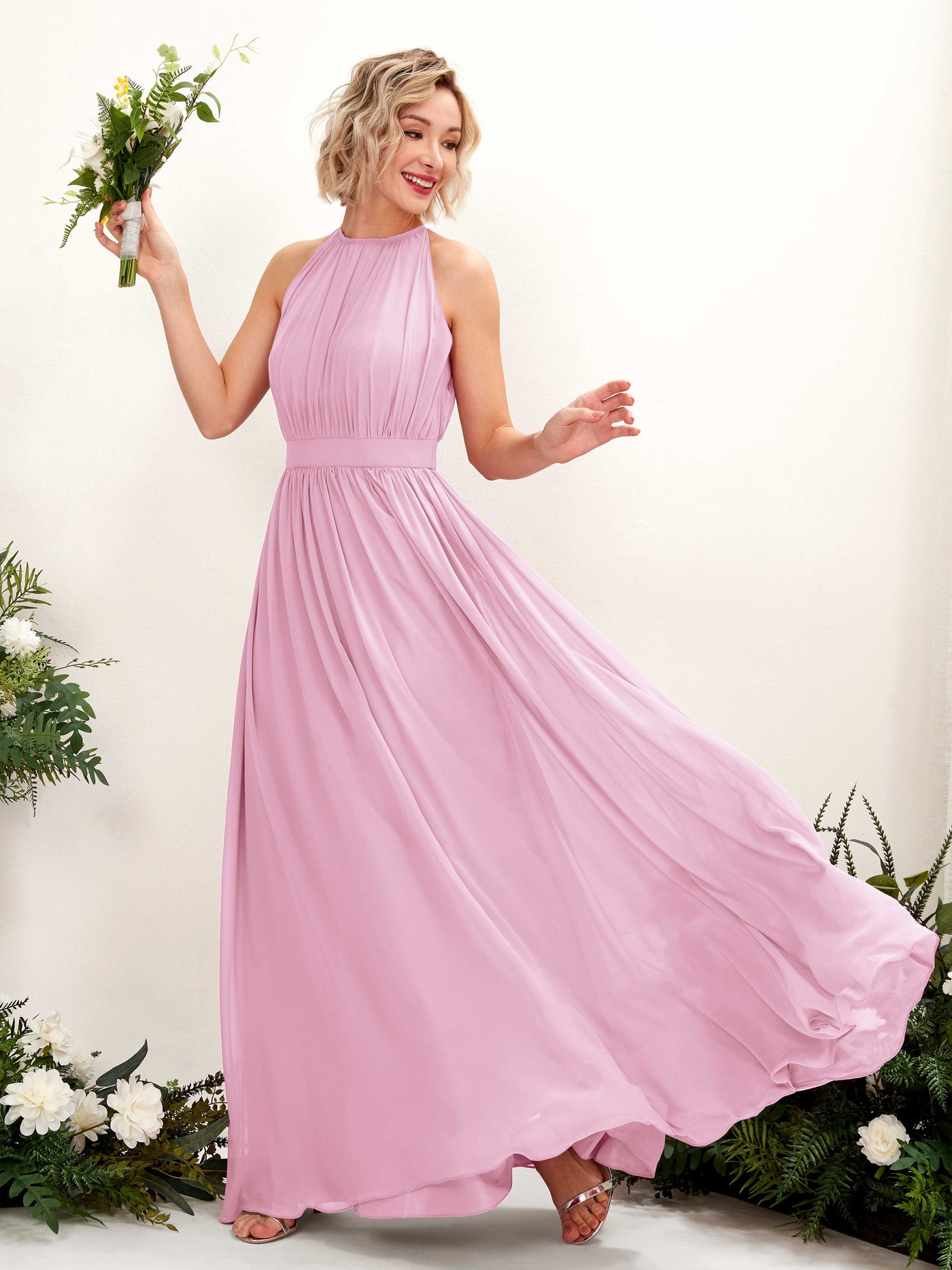 Carlyna Vestido Línea A Hasta el suelo Cuello redondo Gasa Vestidos de dama de honor Rosa Caramelo #color_rosa-caramelo