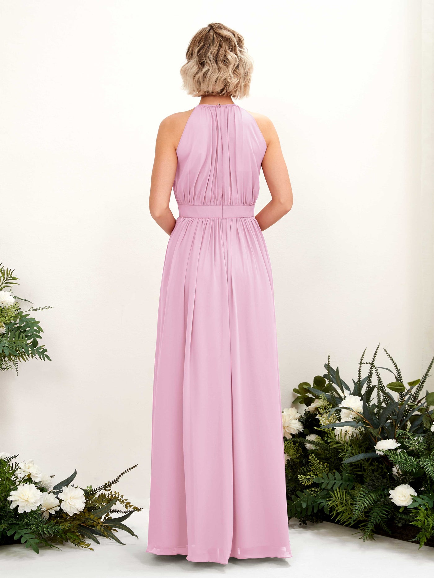 Carlyna Vestido Línea A Hasta el suelo Cuello redondo Gasa Vestidos de dama de honor Rosa Caramelo #color_rosa-caramelo